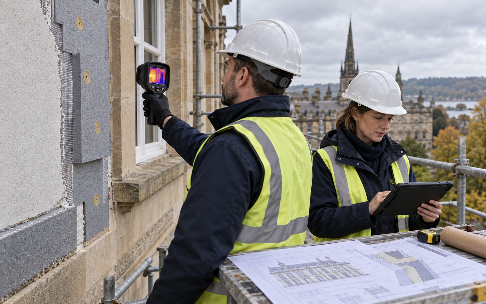 Retrofit professionals assessing the fabric of a substantial building with thermal imaging equipment