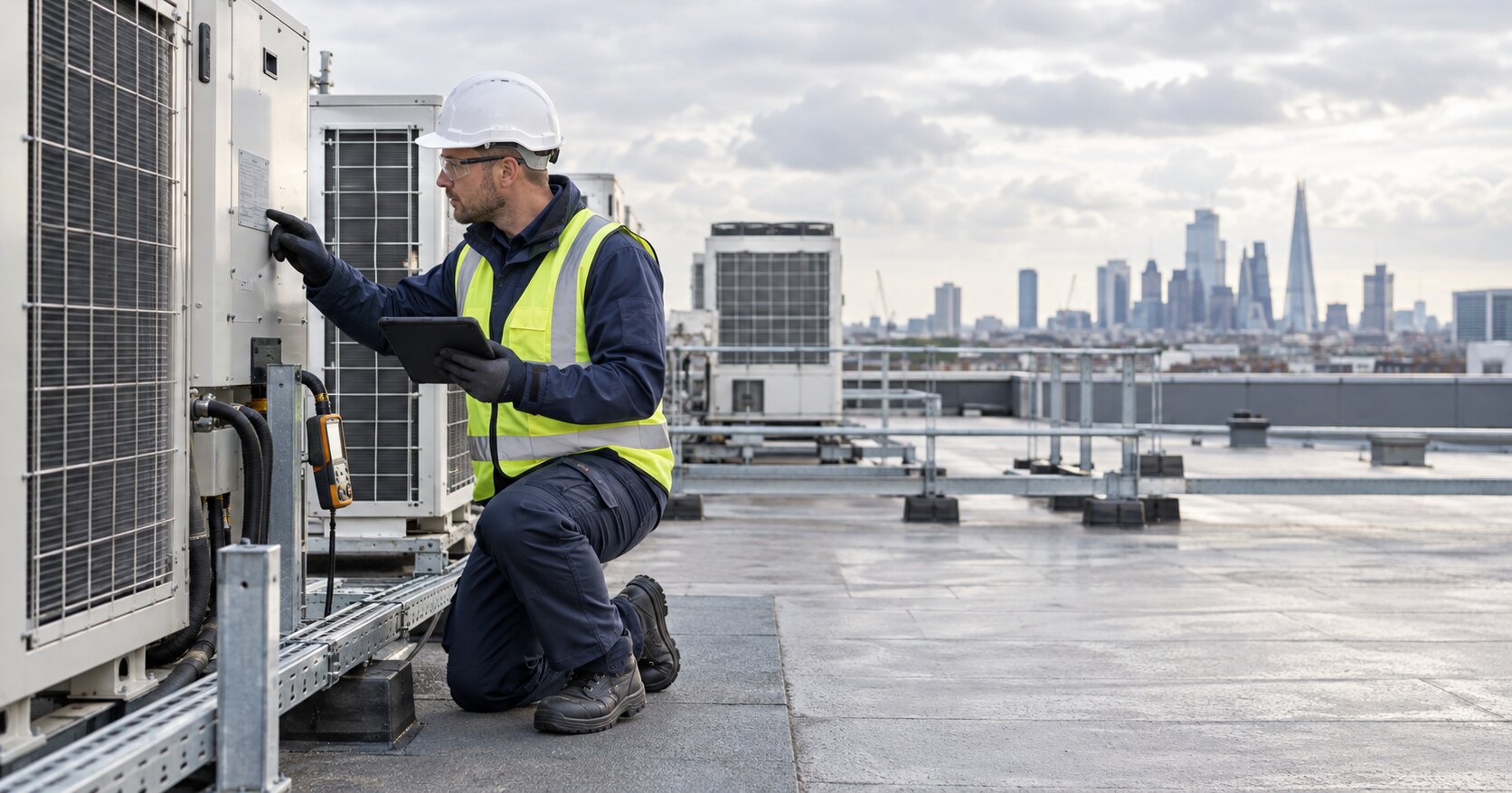 Energy assessor inspecting commercial rooftop air-conditioning equipment